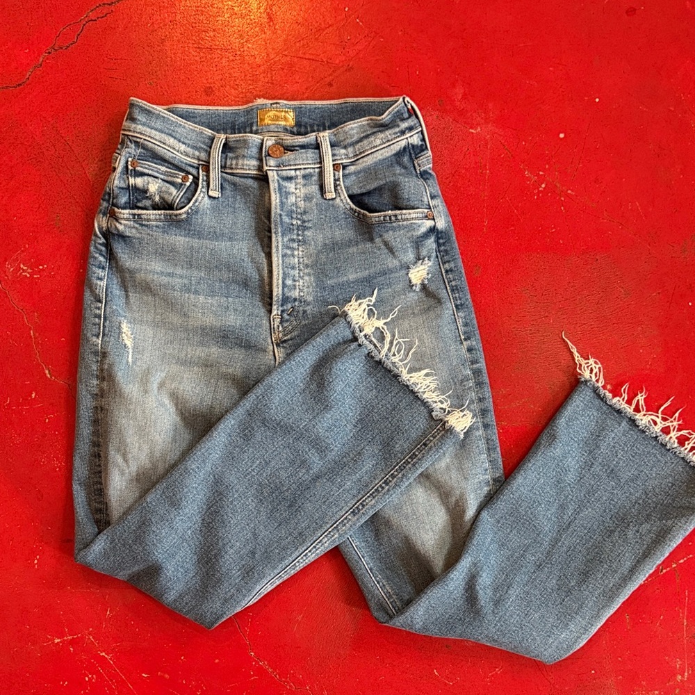 MOTHER Light Blue Distressed Tripper Ankle Jeans